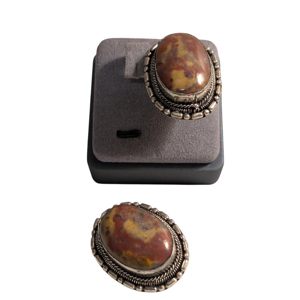 Vintage Large Chunky Bezel Set Jasper Stone Silver Tone Clip On Earrings